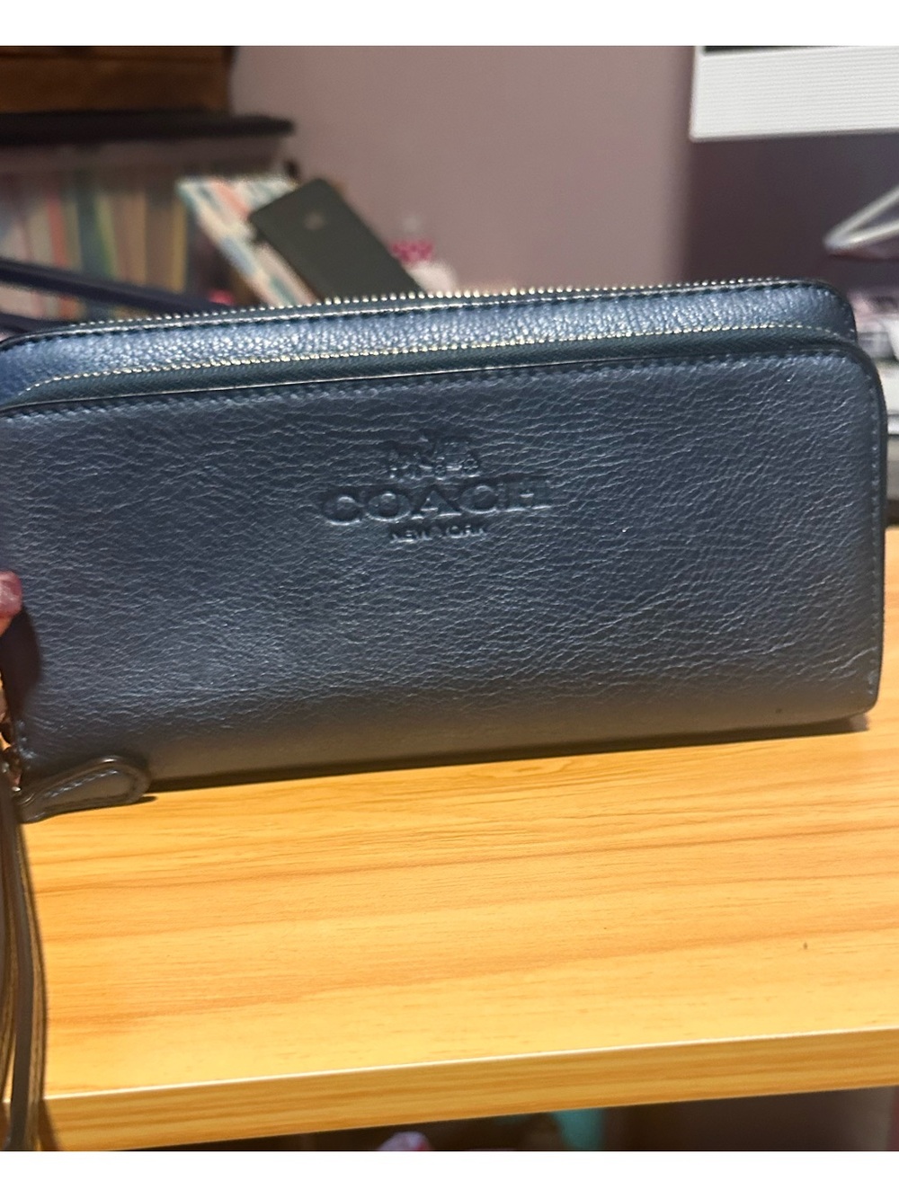 Coach Navy Pebbled Leather Zip Wristlet Wallet